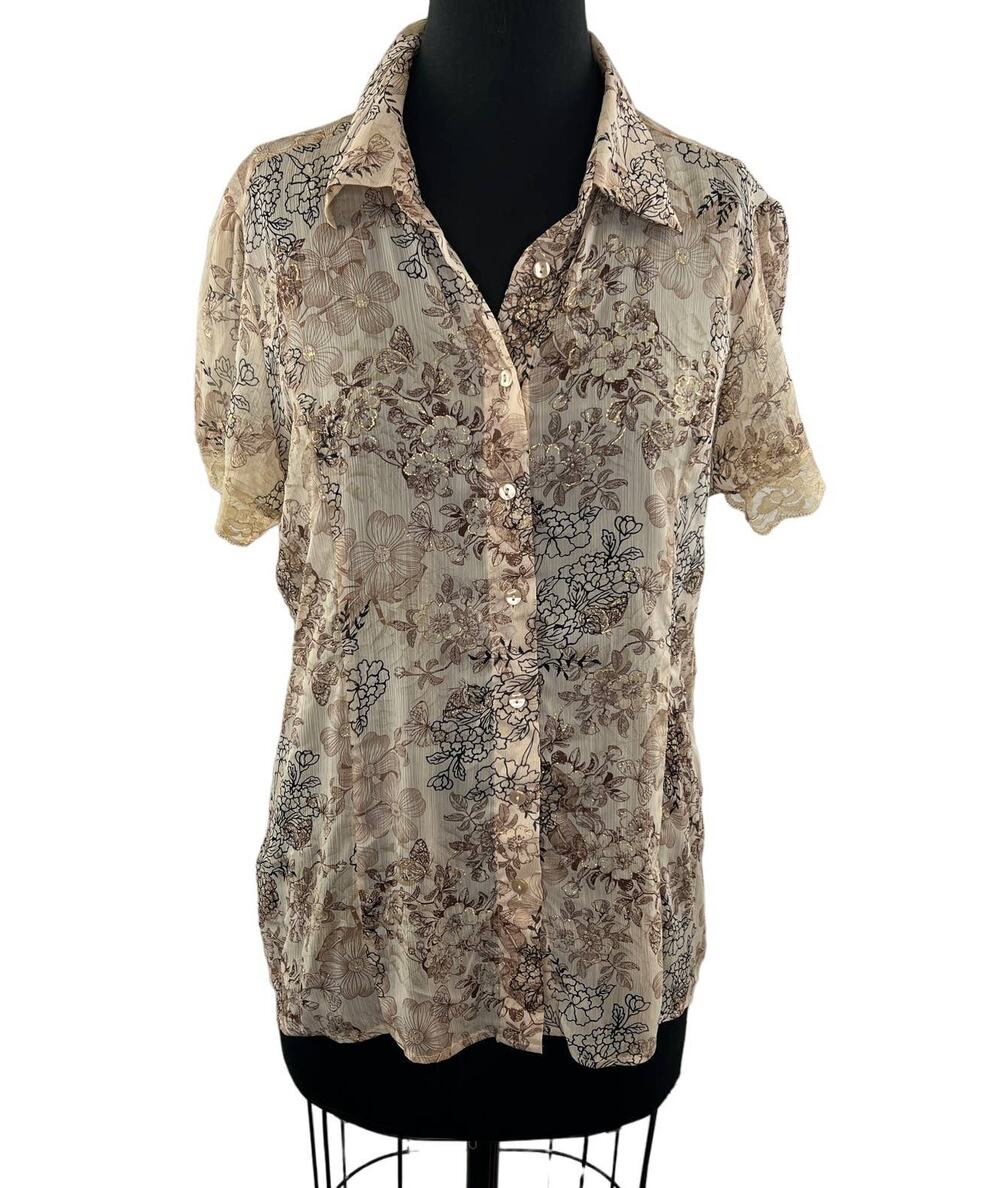 Y2K STUDIO 1940 Womens Beige Floral Short Sleeve Button Down Collared Shirt L